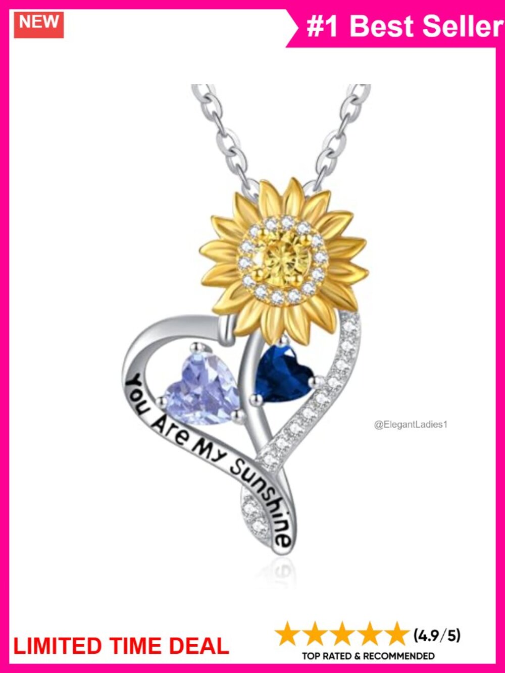 Sterling Silver Sunflower Pendant Necklace with 2 Birthstones